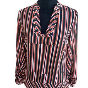 CAbi Sheer Vibrant Striped Blouse With Balloon Sleeves. XS